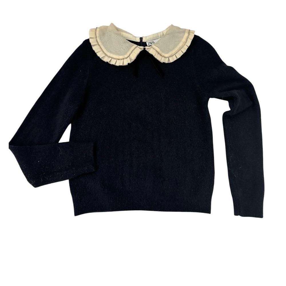 Zara Peter Pan Collar Sweater Womens S Navy Coquette Organza Ruffle Bow
